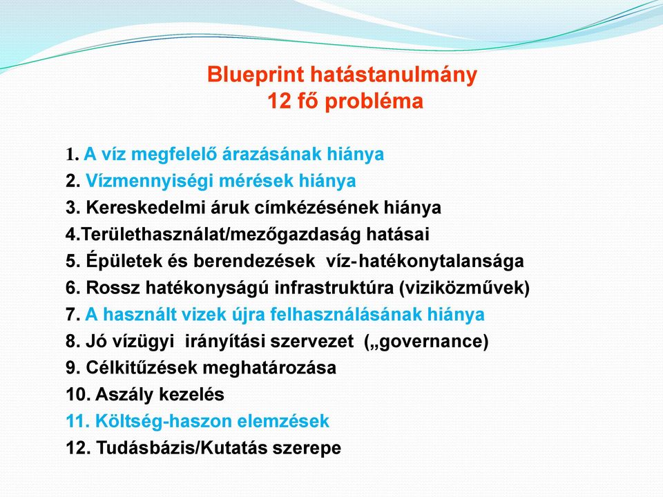 Épületek és berendezések víz- hatékonytalansága 6. Rossz hatékonyságú infrastruktúra (viziközművek) 7.