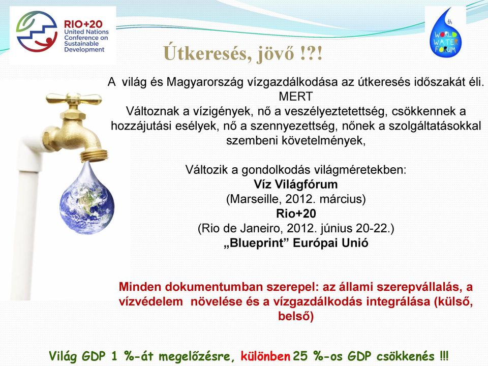 követelmények, Változik a gondolkodás világméretekben: Víz Világfórum (Marseille, 2012. március) Rio+20 (Rio de Janeiro, 2012. június 20-22.