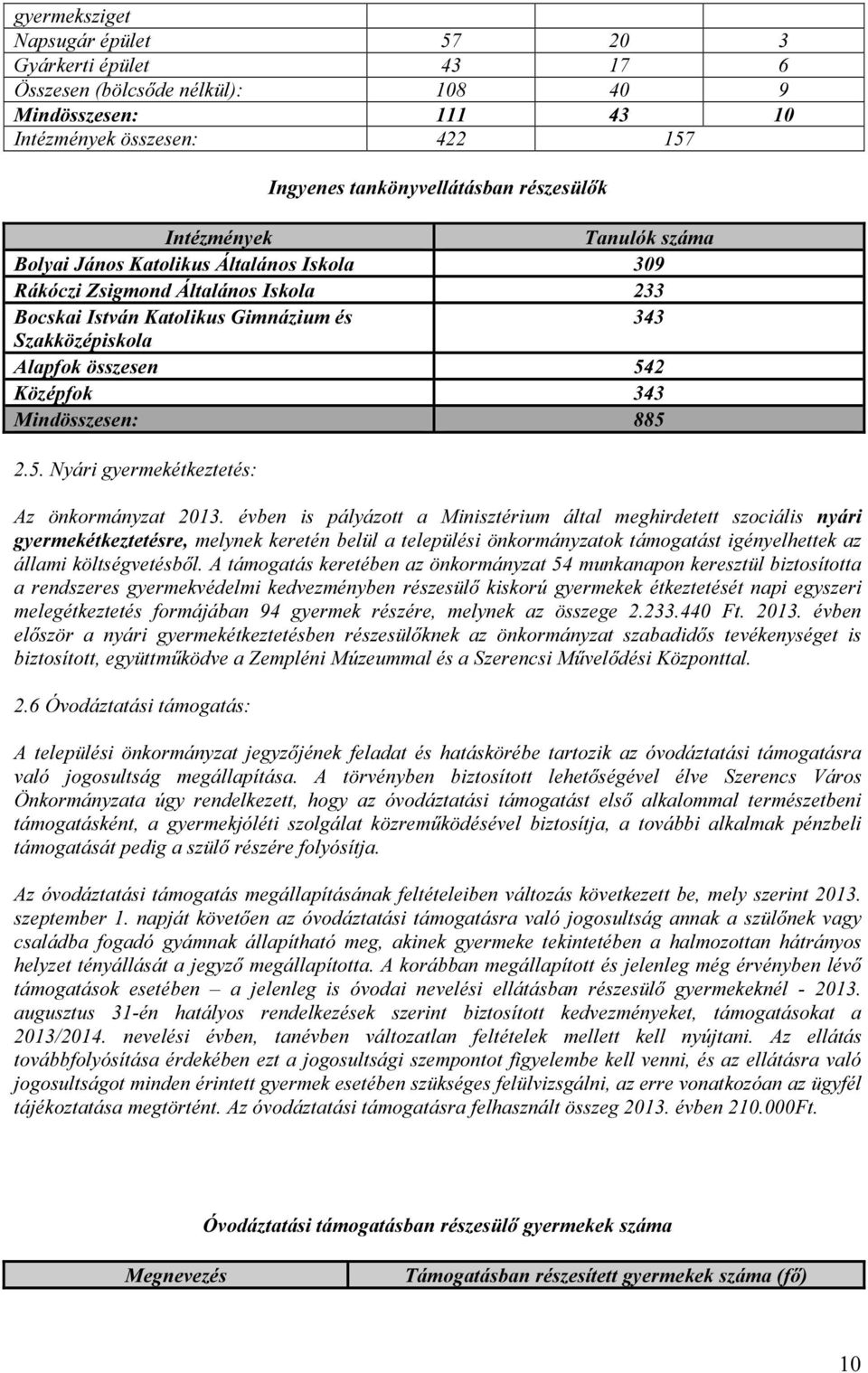 Mindösszesen: 885 2.5. Nyári gyermekétkeztetés: Az önkormányzat 2013.