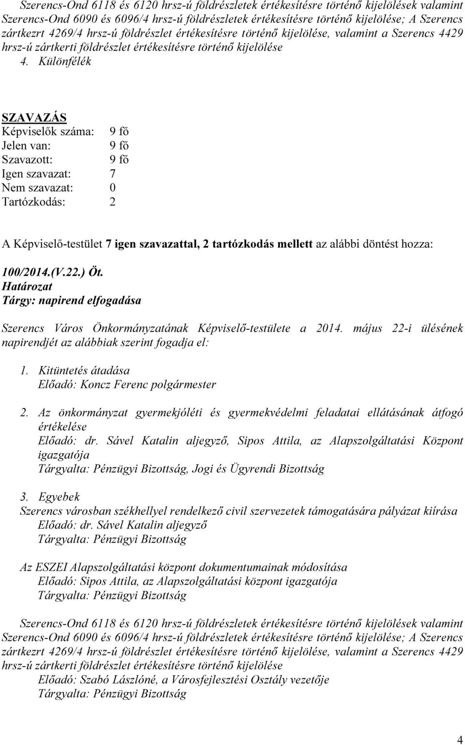 Különfélék SZAVAZÁS Képviselők száma: 9 fő Jelen van: 9 fő Szavazott: 9 fő Igen szavazat: 7 Nem szavazat: 0 Tartózkodás: 2 A Képviselő-testület 7 igen szavazattal, 2 tartózkodás mellett az alábbi