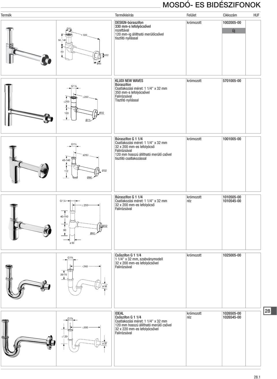 csatlakozással krómozott 1001005-00 Búraszifon G 1 1/4 krómozott 1010505-00 réz 1010545-00 Csőszifon G 1 1/4 1 1/4" x 32 mm, szabványmodell vel