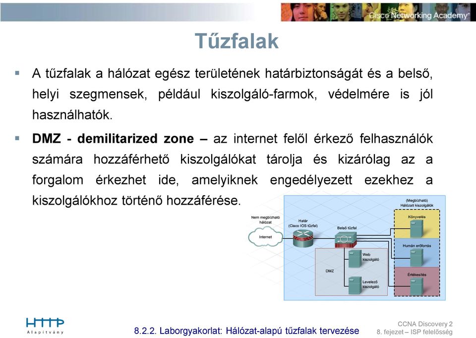 DMZ - demilitarized zone az internet felől érkező felhasználók számára hozzáférhető kiszolgálókat tárolja