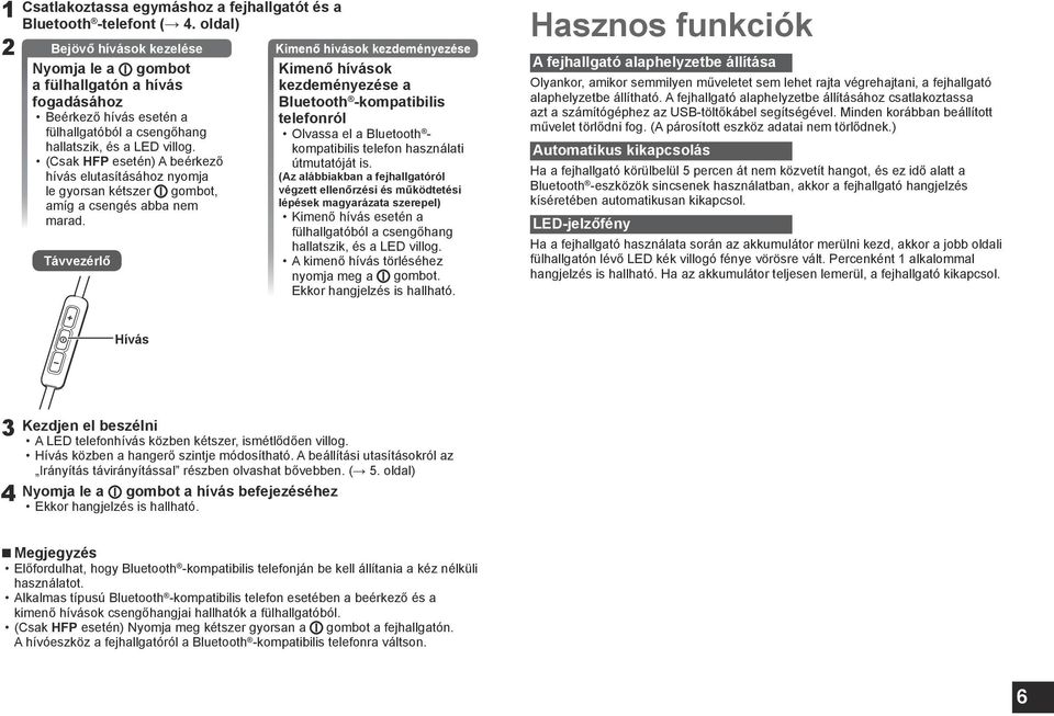 a LED villog. (Csak HFP esetén) A beérkező hívás elutasításához nyomja kezdeményezése a Bluetooth -kompatibilis telefonról Olvassa el a Bluetooth - kompatibilis telefon használati útmutatóját is.