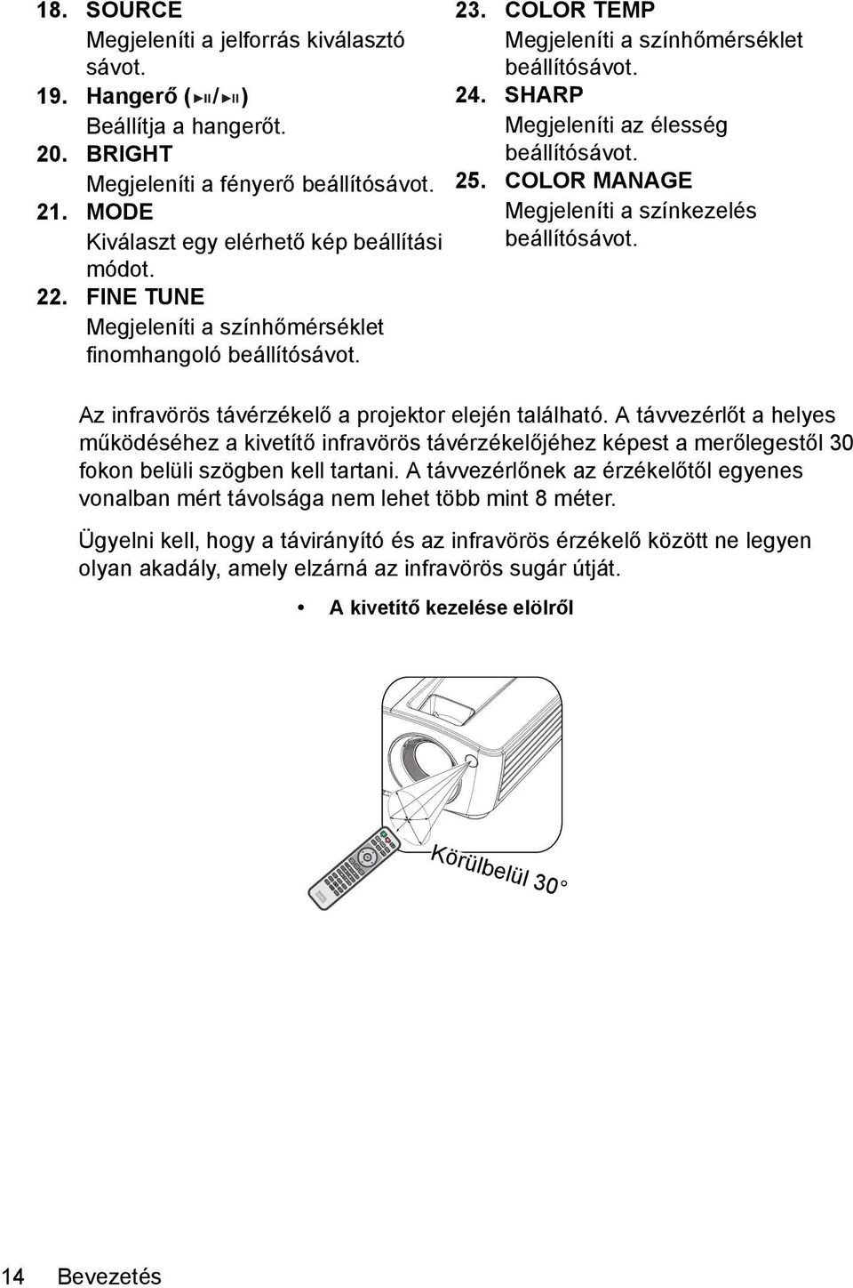 A távvezérlőt a helyes működéséhez a kivetítő infravörös távérzékelőjéhez képest a merőlegestől 30 fokon belüli szögben kell tartani.