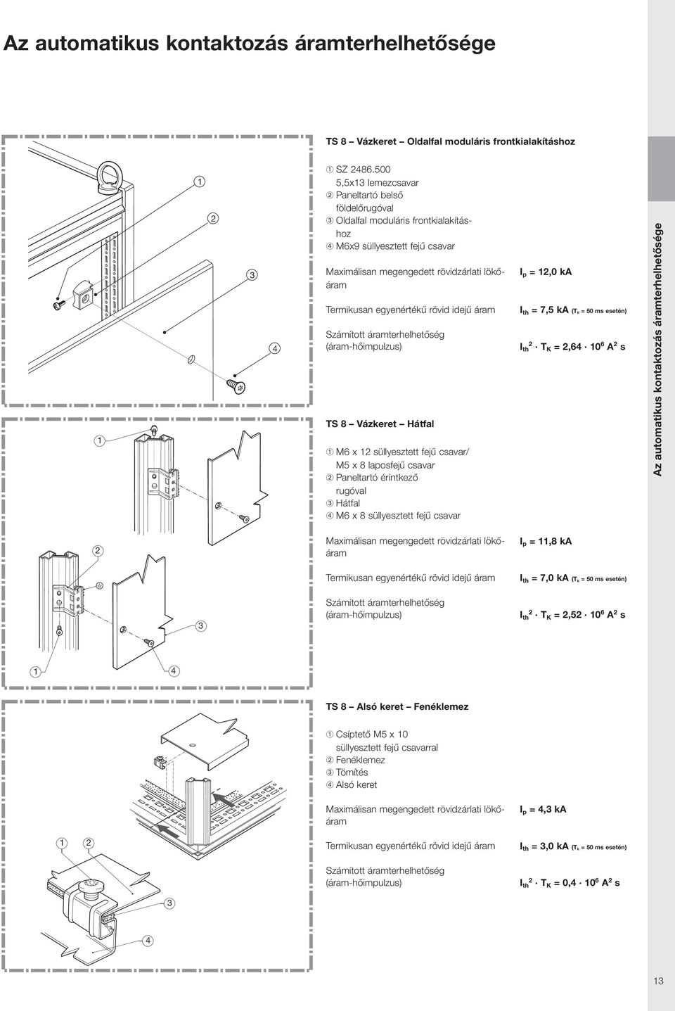 csavar/ M x 8 laposfejű csavar ➁ Paneltartó érintkező rugóval ➂ Hátfal ➃ M6 x 8 süllyesztett fejű csavar I p =,0 ka = 7, ka (T k = 0 ms esetén) T K =,6 0 6 A s Az automatikus