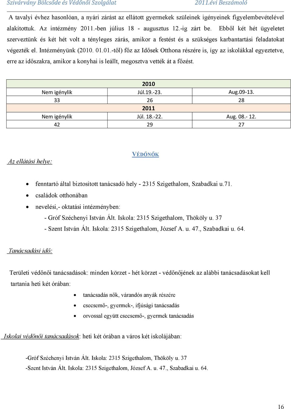 . 01.01.-től) főz az Idősek Otthona részére is, így az iskolákkal egyeztetve, erre az időszakra, amikor a konyhai is leállt, megosztva vették át a főzést. 2010 Nem igénylik Júl.19. 23. Aug.09 13.