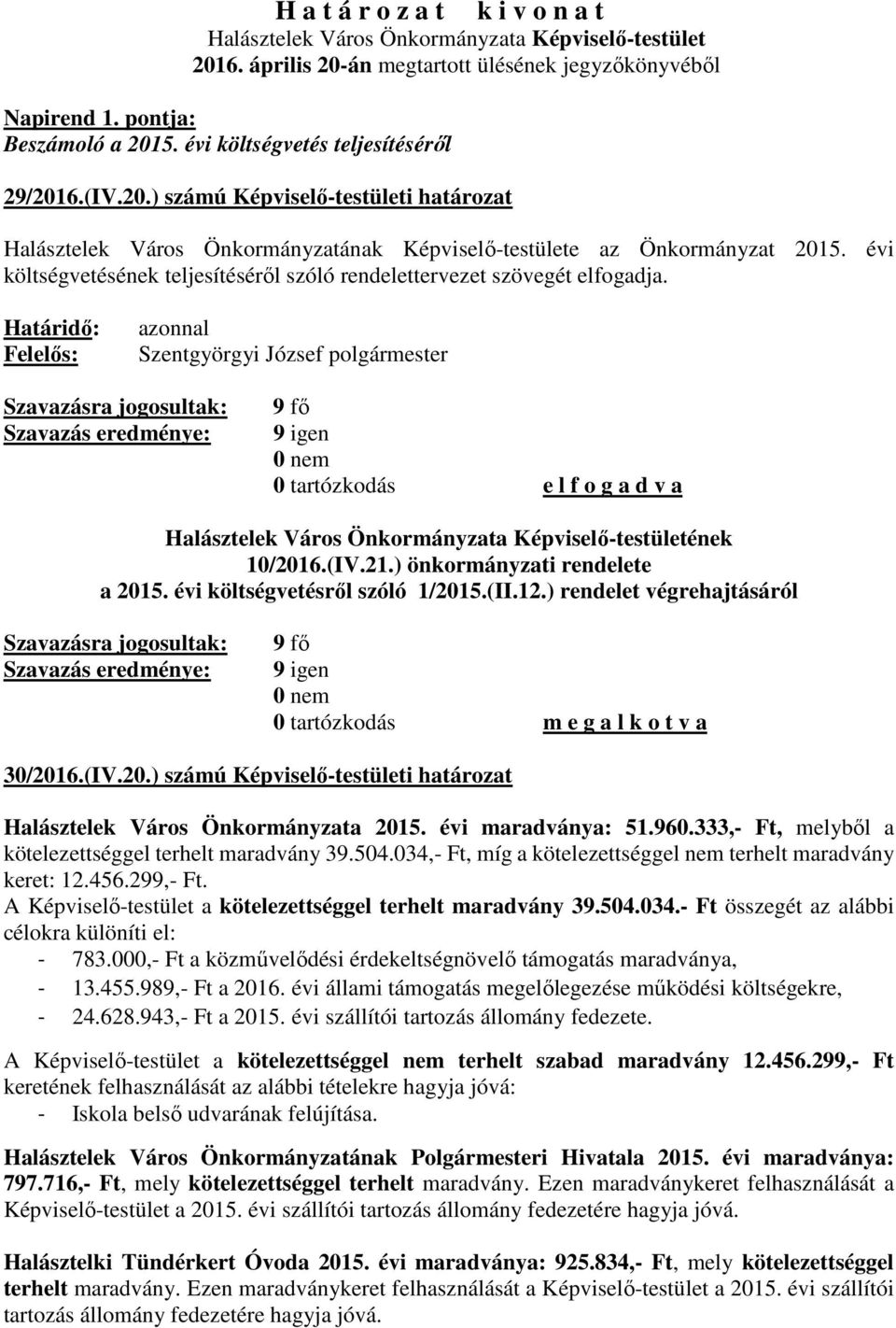 évi költségvetésének teljesítéséről szóló rendelettervezet szövegét elfogadja. Halásztelek Város Önkormányzata Képviselő-testületének 10/2016.(IV.21.) önkormányzati rendelete a 2015.