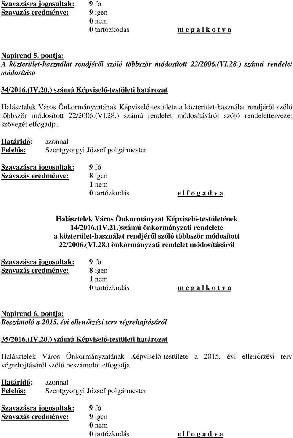 6.(IV.20.) számú Képviselő-testületi határozat Halásztelek Város Önkormányzatának Képviselő-testülete a közterület-használat rendjéről szóló többször módosított 22/2006.(VI.28.