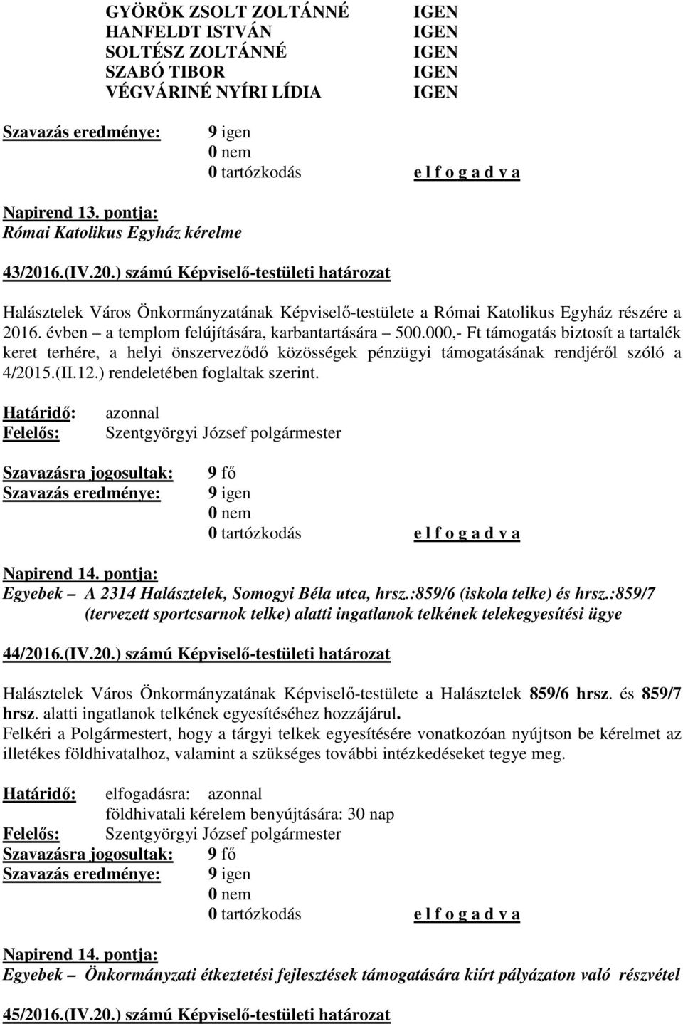 000,- Ft támogatás biztosít a tartalék keret terhére, a helyi önszerveződő közösségek pénzügyi támogatásának rendjéről szóló a 4/2015.(II.12.) rendeletében foglaltak szerint. Napirend 14.