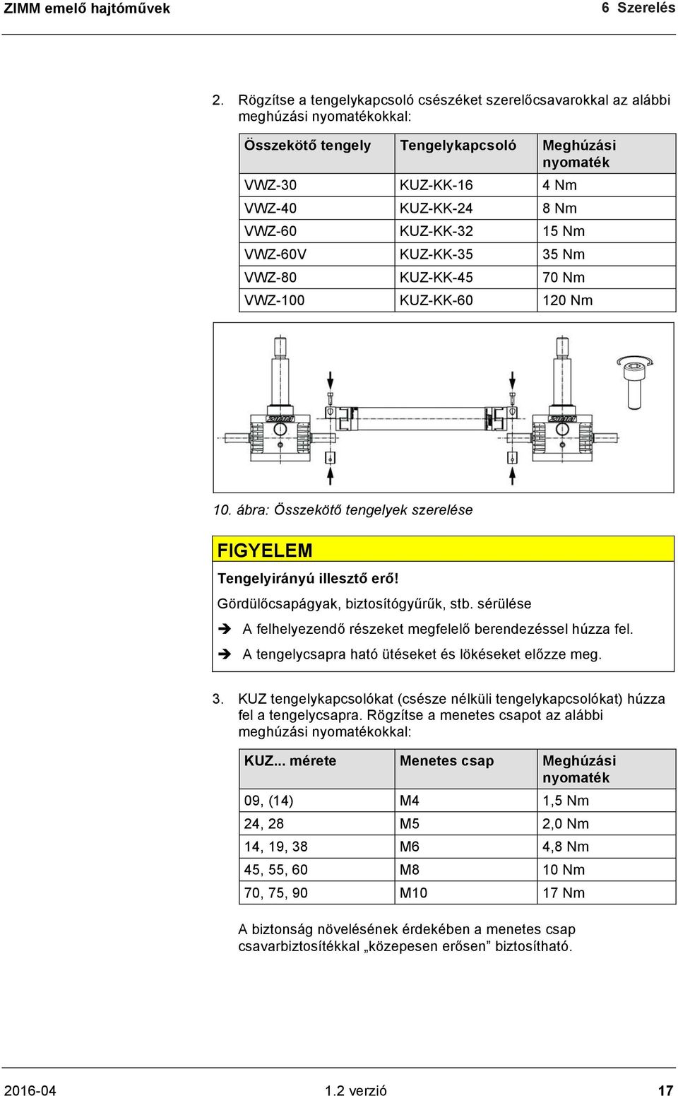 KUZ-KK-32 15 Nm VWZ-60V KUZ-KK-35 35 Nm VWZ-80 KUZ-KK-45 70 Nm VWZ-100 KUZ-KK-60 120 Nm 10. ábra: Összekötő tengelyek szerelése FIGYELEM Tengelyirányú illesztő erő!