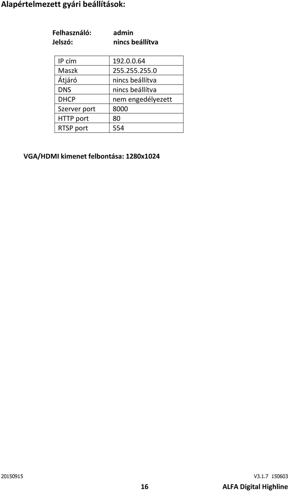 255.255.0 Átjáró nincs beállítva DNS nincs beállítva DHCP nem engedélyezett