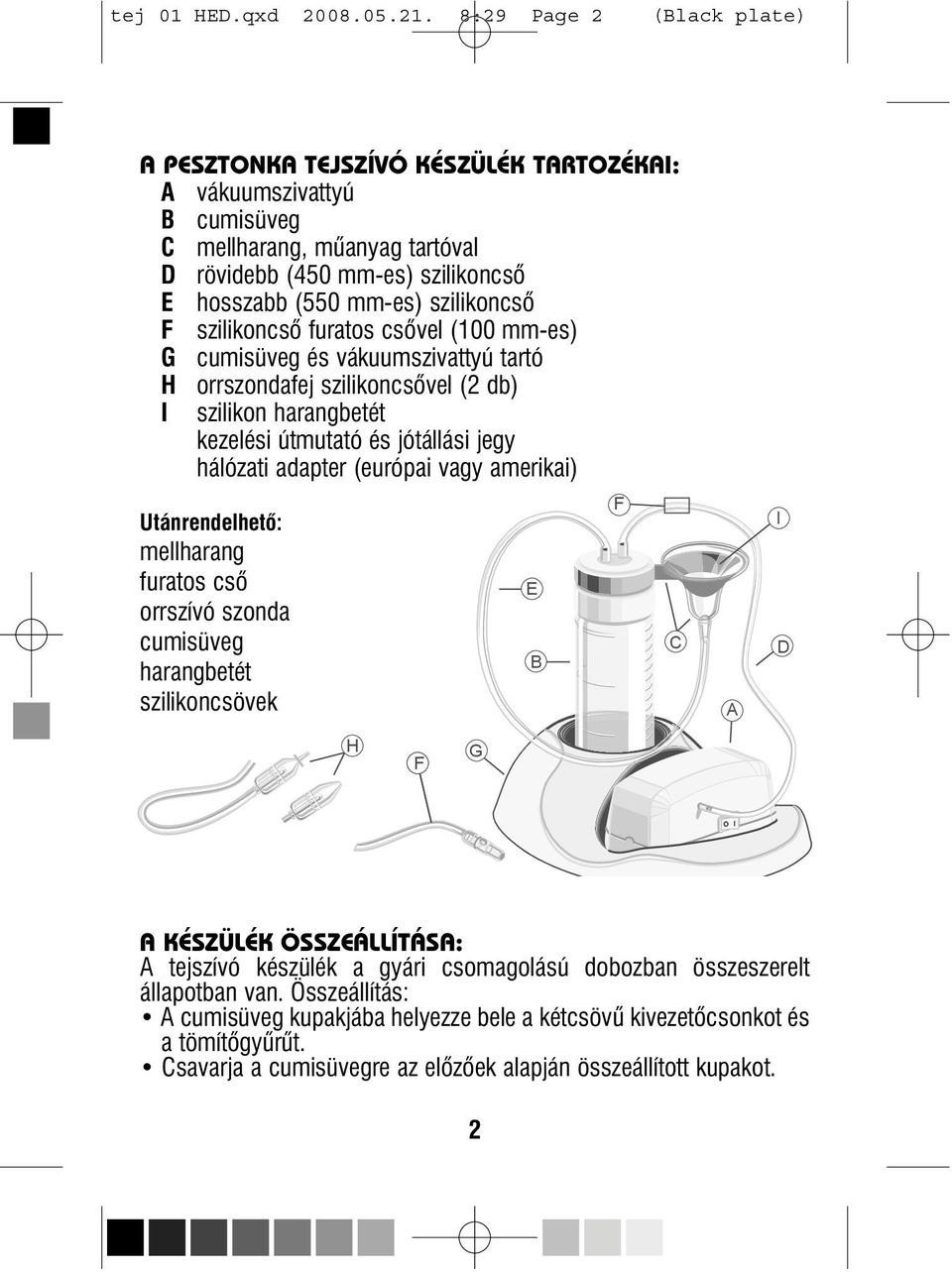 furatos csôvel (100 mm-es) G cumisüveg és vákuumszivattyú tartó H orrszondafej szilikoncsôvel (2 db) I szilikon harangbetét kezelési útmutató és jótállási jegy hálózati adapter (európai vagy