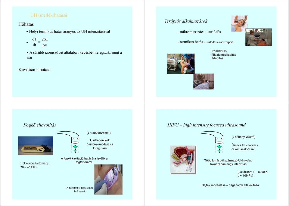 ultrasound (J < 300 mw/cm 2 ) Gázbuborékok összenyomódása és kitágulása (J néhány W/cm 2 ) Üregek keletkeznek és omlanak össze.