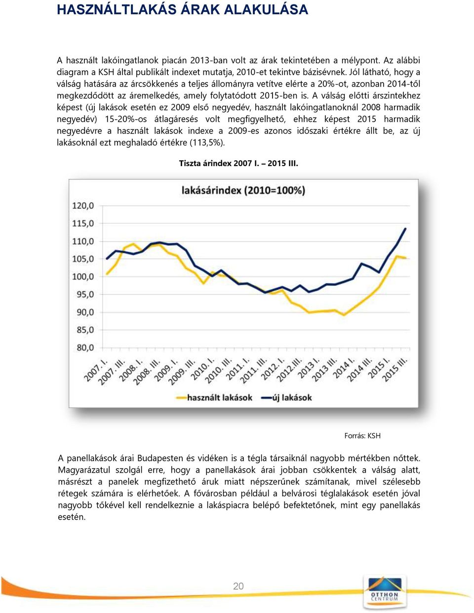 A válság előtti árszintekhez képest (új lakások esetén ez 2009 első negyedév, használt lakóingatlanoknál 2008 harmadik negyedév) 15-20%-os átlagáresés volt megfigyelhető, ehhez képest 2015 harmadik