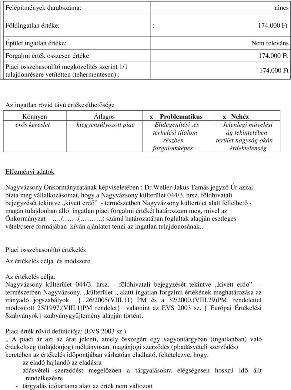 000 Ft Az ingatlan rövid távú értékesíthetősége Könnyen Átlagos x Problematikus x Nehéz erős kereslet kiegyensúlyozott piac Elidegenítési,és terhelési tilalom részben forgalomképes Jelenlegi művelési