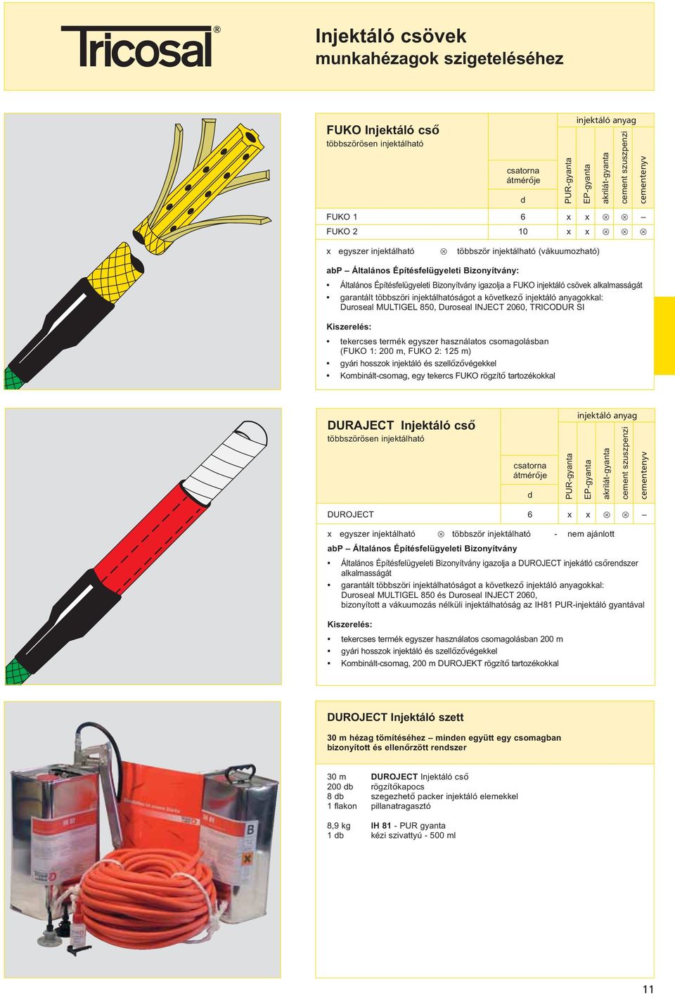 anyagokkal: Duroseal MULTIGEL 850, Duroseal INJECT 2060, TRICODUR SI Kiszerelés: tekercses termék egyszer használatos csomagolásban (FUKO 1: 200 m, FUKO 2: 125 m) gyári hosszok injektáló és
