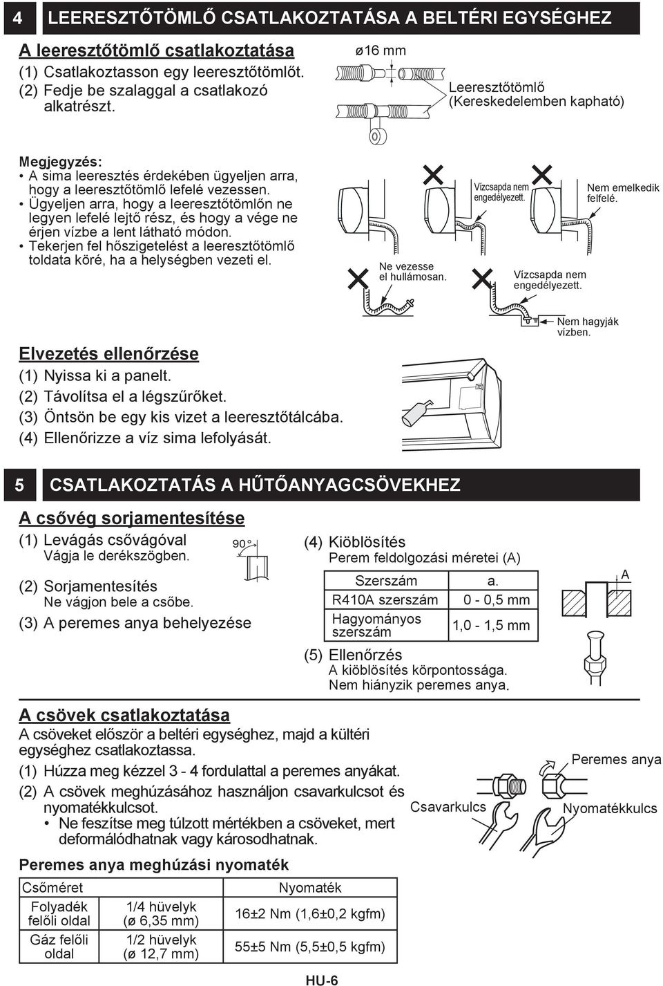 Ügyeljen arra, hogy a leeresztőtömlőn ne legyen lefelé lejtő rész, és hogy a vége ne érjen vízbe a lent látható módon.