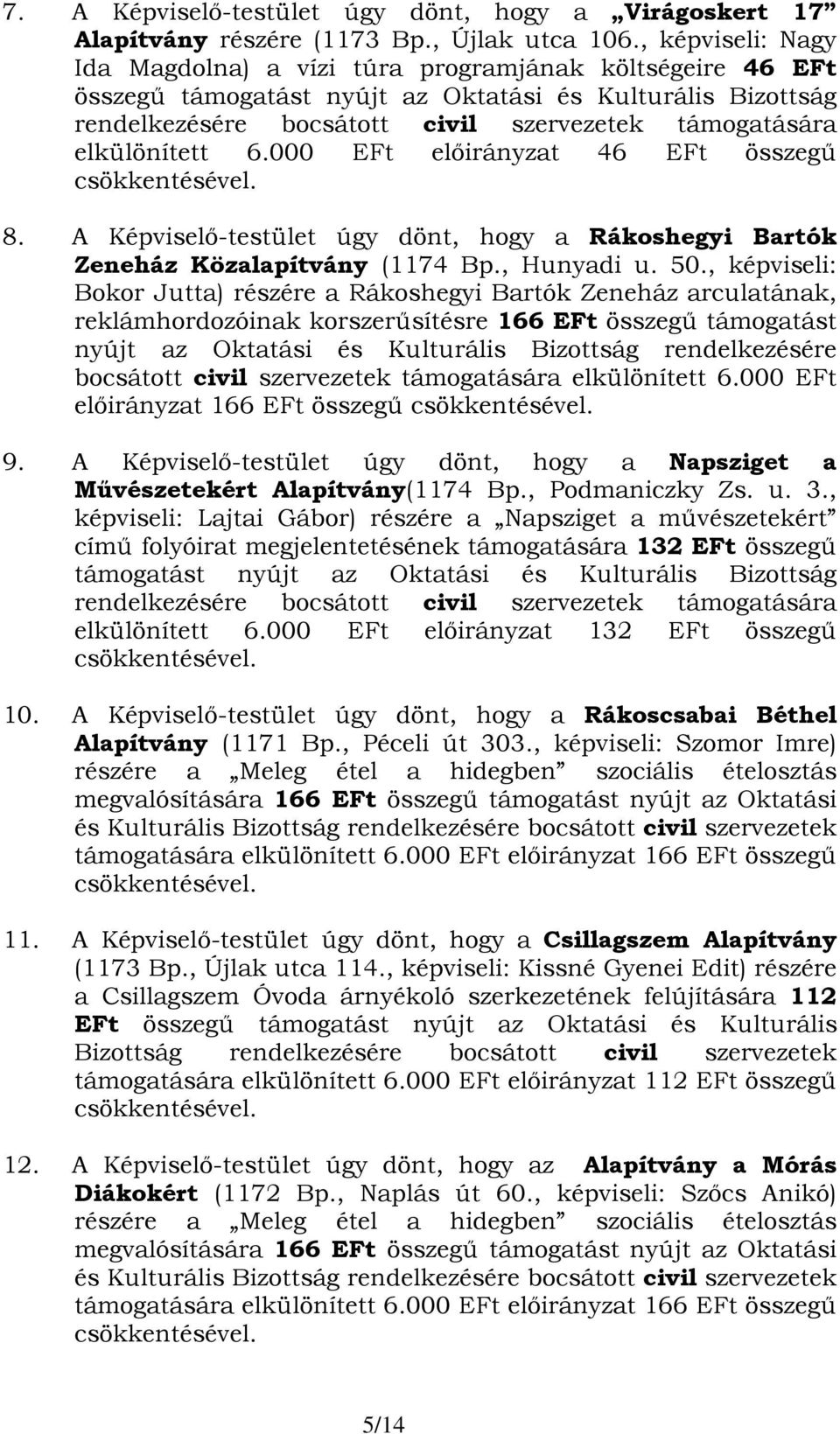 elkülönített 6.000 EFt előirányzat 46 EFt összegű 8. A Képviselő-testület úgy dönt, hogy a Rákoshegyi Bartók Zeneház Közalapítvány (1174 Bp., Hunyadi u. 50.