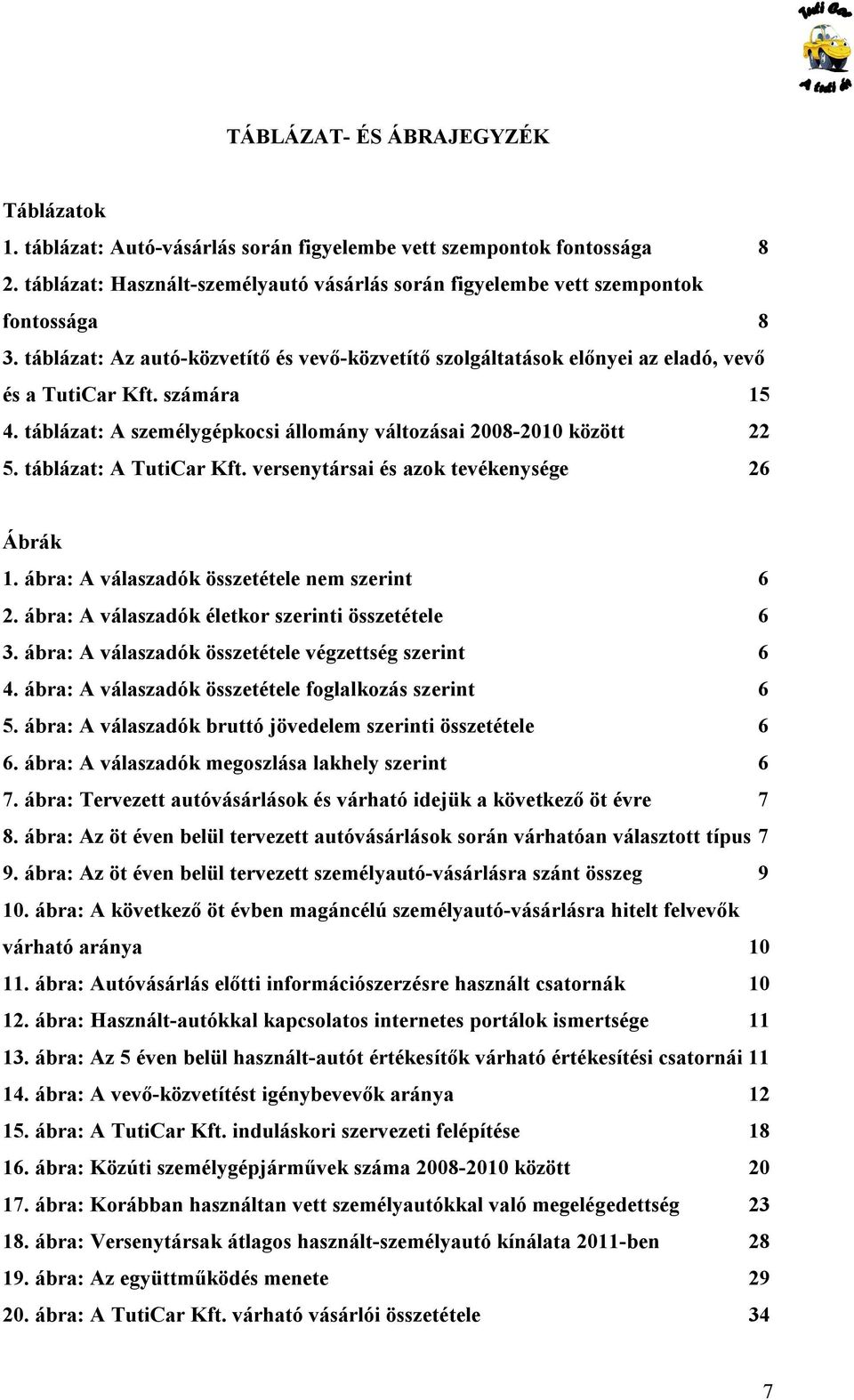 táblázat: A TutiCar Kft. versenytársai és azok tevékenysége 26 Ábrák 1. ábra: A válaszadók összetétele nem szerint 6 2. ábra: A válaszadók életkor szerinti összetétele 6 3.