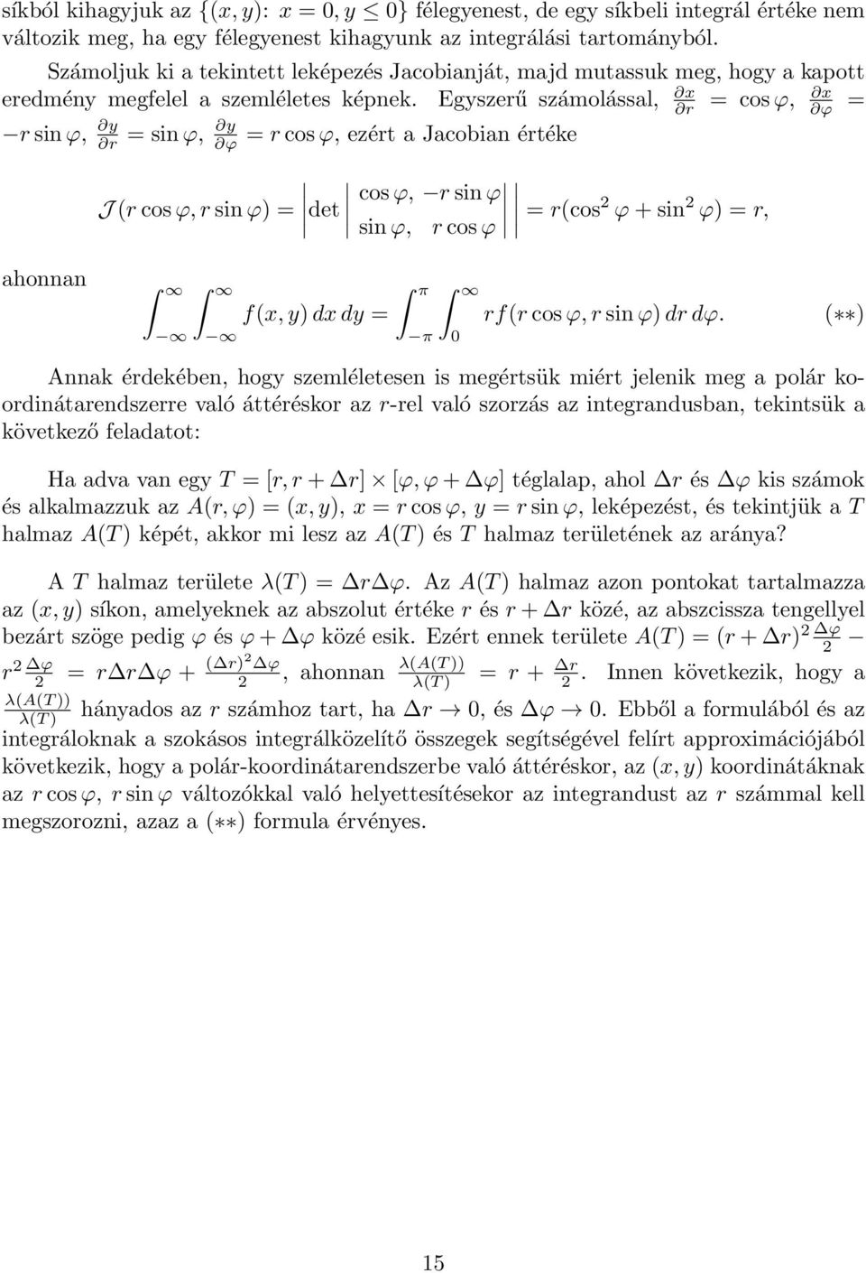 Egyszerű számolással, r = cosϕ, x ϕ = rsinϕ, y y r = sinϕ, ϕ = rcosϕ, ezért a Jacobian értéke J(rcosϕ,rsinϕ) = det cosϕ, rsinϕ sinϕ, rcosϕ = r(cos2 ϕ+sin 2 ϕ) = r, ahonnan f(x,y)dxdy = π π 0