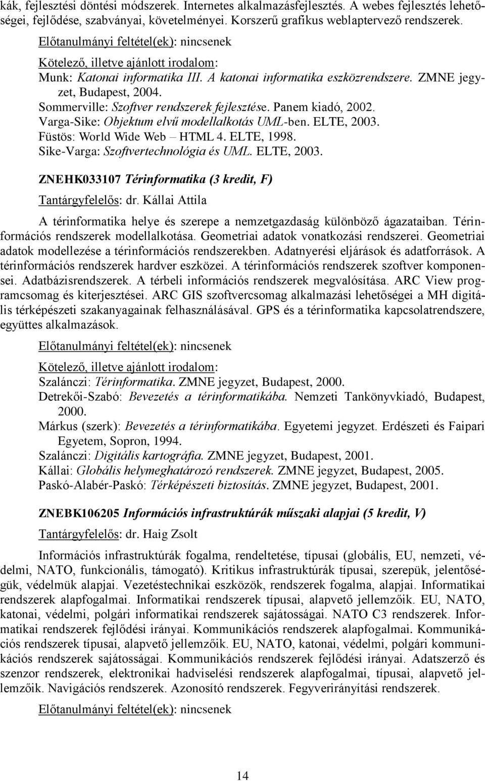 Panem kiadó, 2002. Varga-Sike: Objektum elvű modellalkotás UML-ben. ELTE, 2003. Füstös: World Wide Web HTML 4. ELTE, 1998. Sike-Varga: Szoftvertechnológia és UML. ELTE, 2003. ZNEHK033107 Térinformatika (3 kredit, F) Tantárgyfelelős: dr.