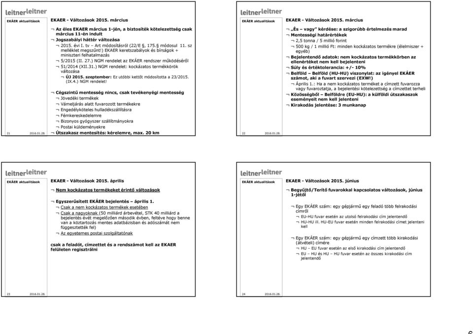 ) EKAER keretszabályok és bírságok + miniszteri felhatalmazás 5/2015 (II. 27.) NGM rendelet az EKÁER rendszer működéséről 51/2014 (XII.31.) NGM rendelet: kockázatos termékkörök változása ÚJ 2015.