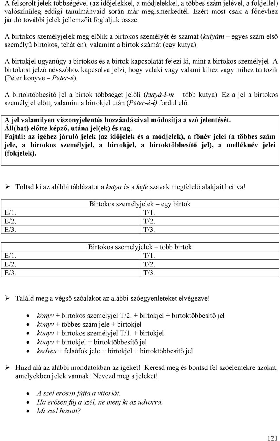 A birtokos személyjelek megjelölik a birtokos személyét és számát (kutyám egyes szám első személyű birtokos, tehát én), valamint a birtok számát (egy kutya).