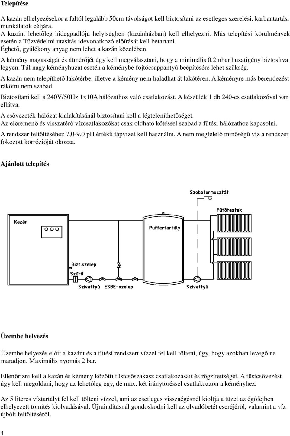 Éghető, gyúlékony anyag nem lehet a kazán közelében. A kémény magasságát és átmérőjét úgy kell megválasztani, hogy a minimális 0.2mbar huzatigény biztosítva legyen.