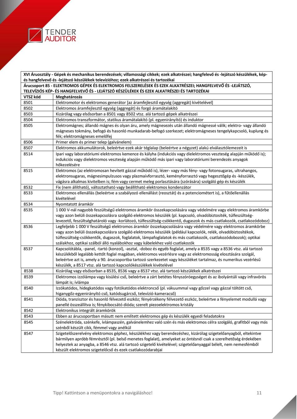 ÉS TARTOZÉKAI VTSZ kód Meghatározás 8501 Elektromotor és elektromos generátor [az áramfejlesztő egység (aggregát) kivételével] 8502 Elektromos áramfejlesztő egység (aggregát) és forgó áramátalakító