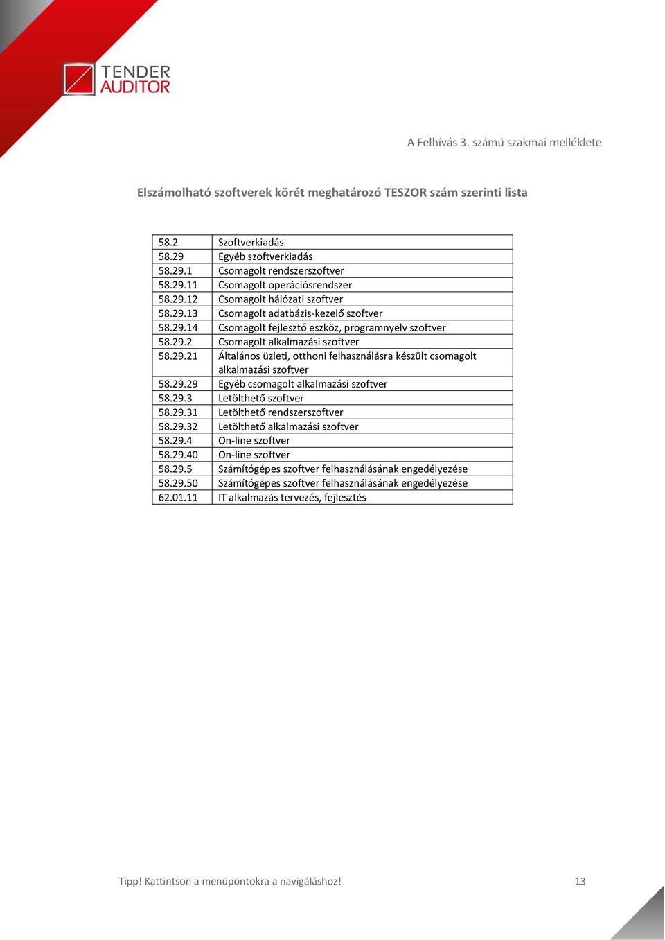 29.29 Egyéb csomagolt alkalmazási szoftver 58.29.3 Letölthető szoftver 58.29.31 Letölthető rendszerszoftver 58.29.32 Letölthető alkalmazási szoftver 58.29.4 On-line szoftver 58.29.40 On-line szoftver 58.