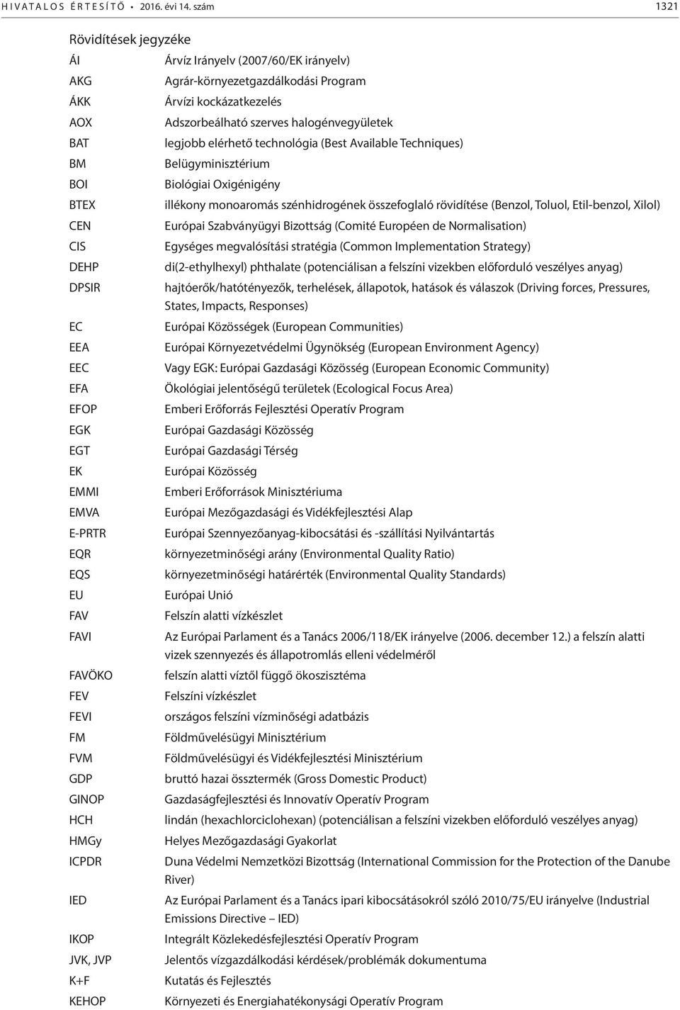 IED IKOP JVK, JVP K+F KEHOP Árvíz Irányelv (2007/60/EK irányelv) Agrár-környezetgazdálkodási Program Árvízi kockázatkezelés Adszorbeálható szerves halogénvegyületek legjobb elérhető technológia (Best