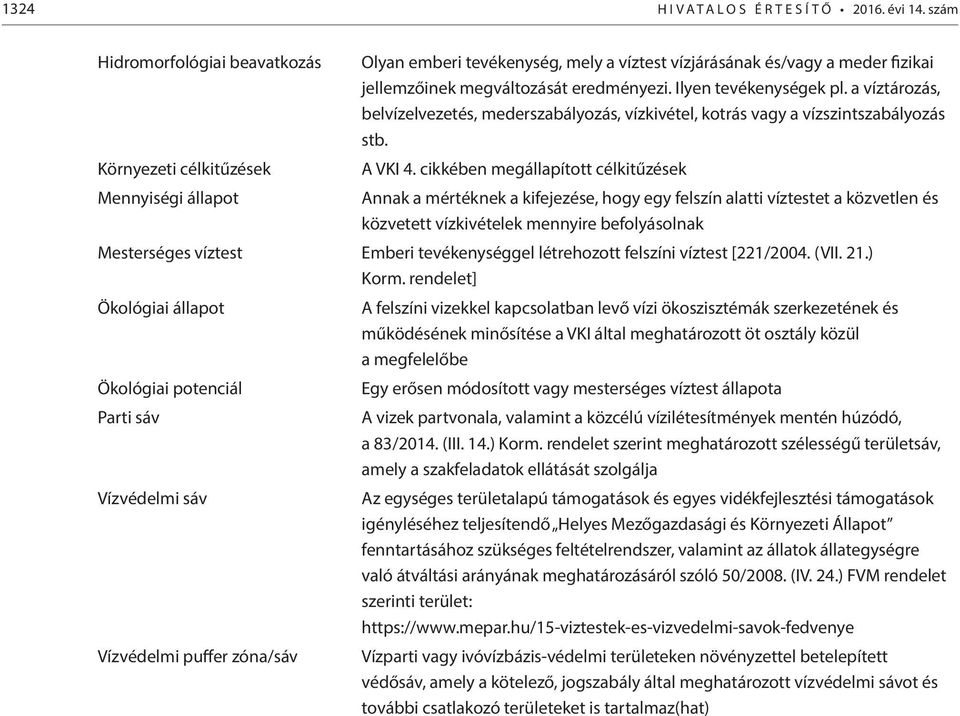 a víztározás, belvízelvezetés, mederszabályozás, vízkivétel, kotrás vagy a vízszintszabályozás stb. Környezeti célkitűzések A VKI 4.