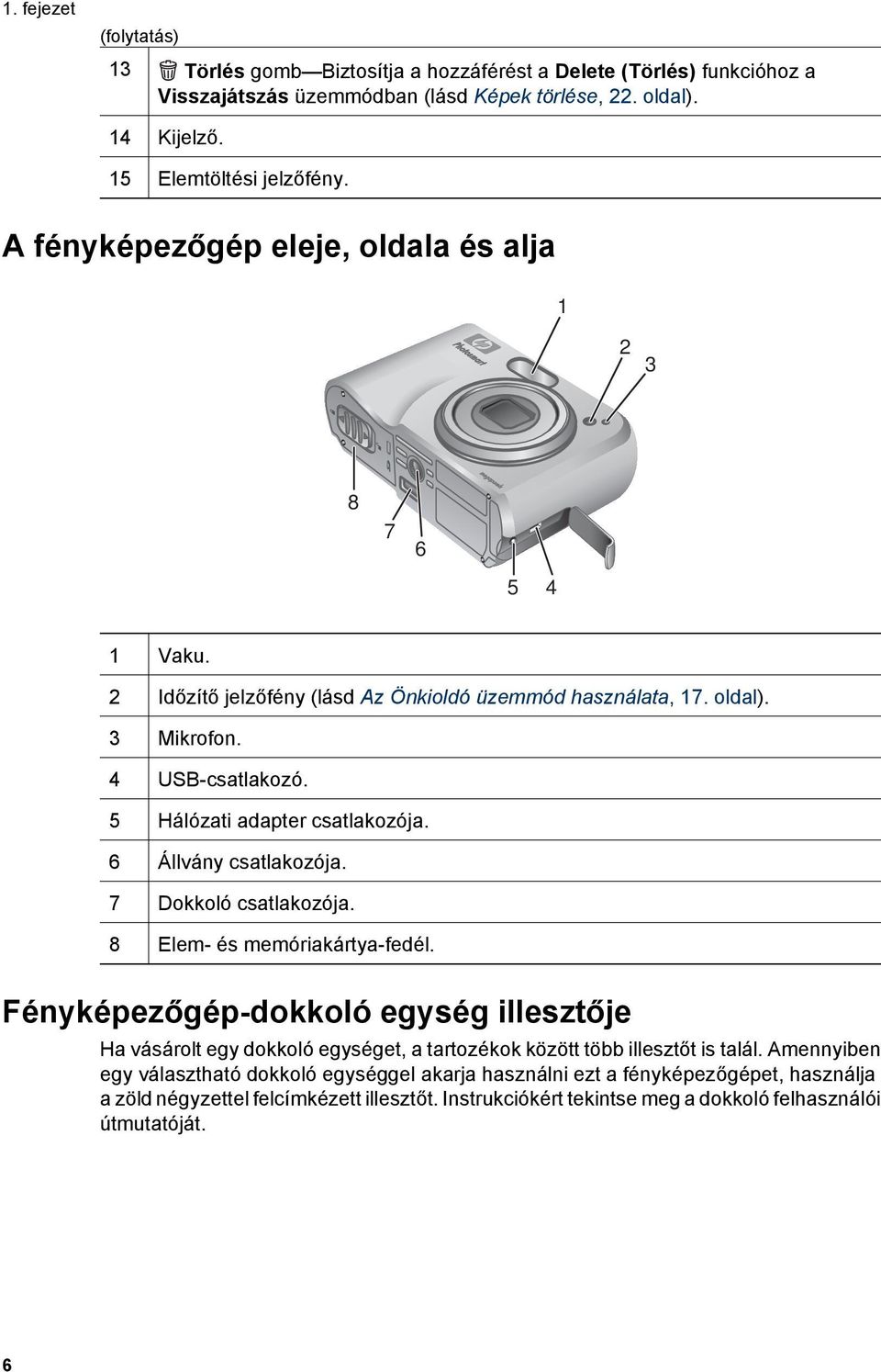 6 Állvány csatlakozója. 7 Dokkoló csatlakozója. 8 Elem- és memóriakártya-fedél.