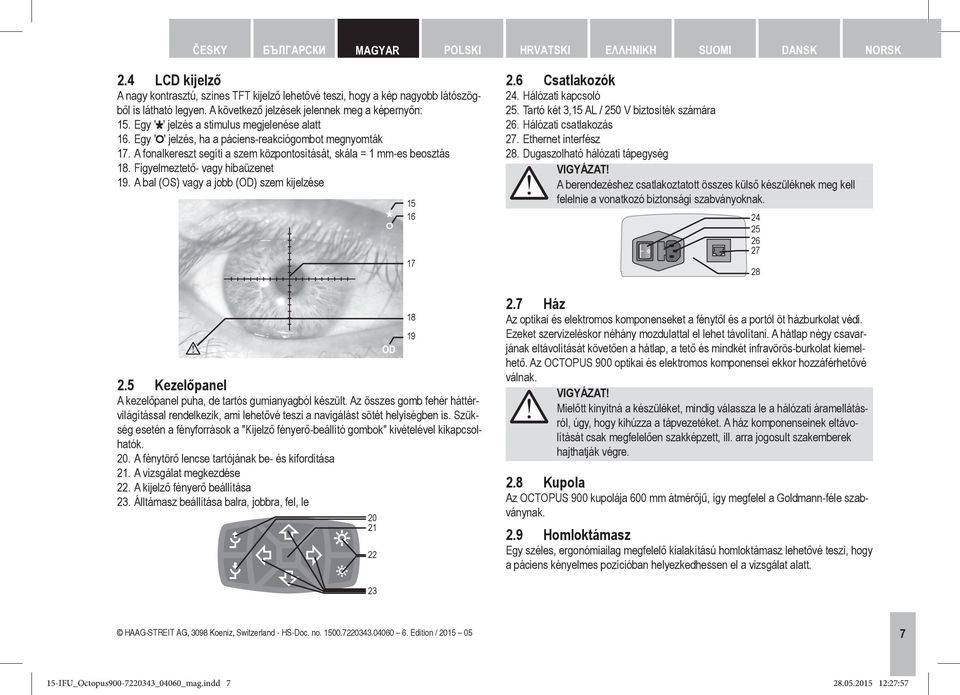 A fonalkereszt segíti a szem központosítását, skála = 1 mm-es beosztás 18. Figyelmeztető- vagy hibaüzenet 19. A bal (OS) vagy a jobb (OD) szem kijelzése 15 16 17 2.6 Csatlakozók 24.