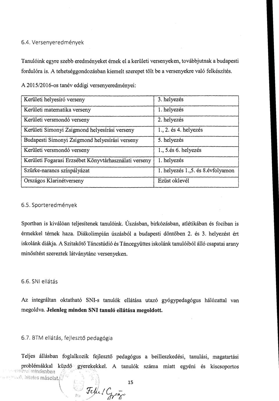 A 2015/2016-os tanév eddigi versenyeredményei: Kerületi helyesíró verseny Kerületi matematika verseny Kerületi versrnondó verseny Kerületi Sírnonyi Zsigmond helyesírási verseny Budapesti Sírnonyi