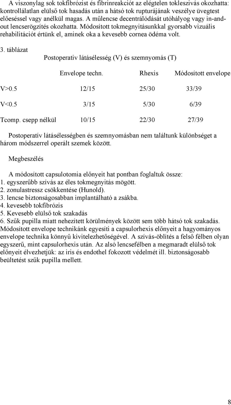 táblázat Postoperativ látásélesség (V) és szemnyomás (T) Envelope techn. Rhexis Módosított envelope V>0.5 12/15 25/30 33/39 V<0.5 3/15 5/30 6/39 Tcomp.