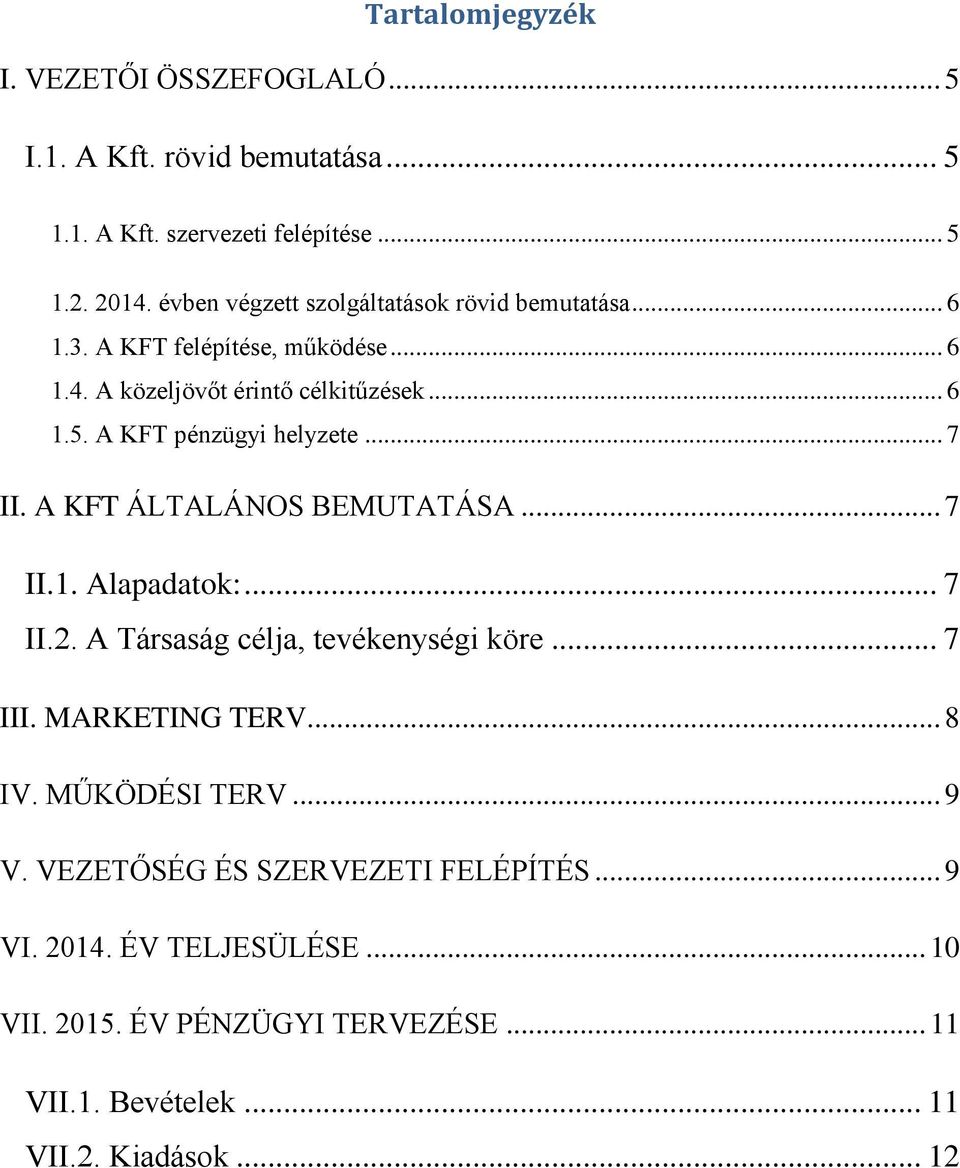 A KFT pénzügyi helyzete... 7 II. A KFT ÁLTALÁNOS BEMUTATÁSA... 7 II.1. Alapadatok:... 7 II.2. A Társaság célja, tevékenységi köre... 7 III.