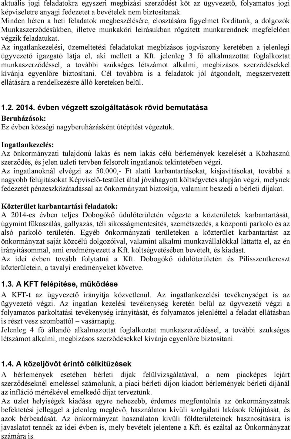 Az ingatlankezelési, üzemeltetési feladatokat megbízásos jogviszony keretében a jelenlegi ügyvezető igazgató látja el, aki mellett a Kft.