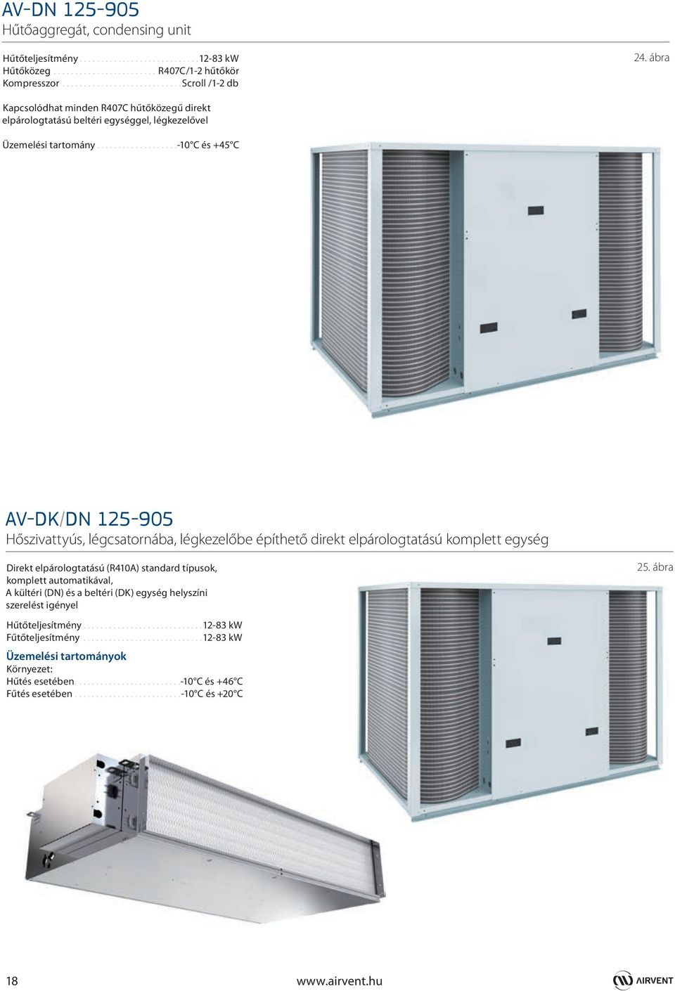 ..-10 C és +45 C AV-DK/DN 125-905 Hőszivattyús, légcsatornába, légkezelőbe építhető direkt elpárologtatású komplett egység Direkt elpárologtatású (R410A) standard típusok,