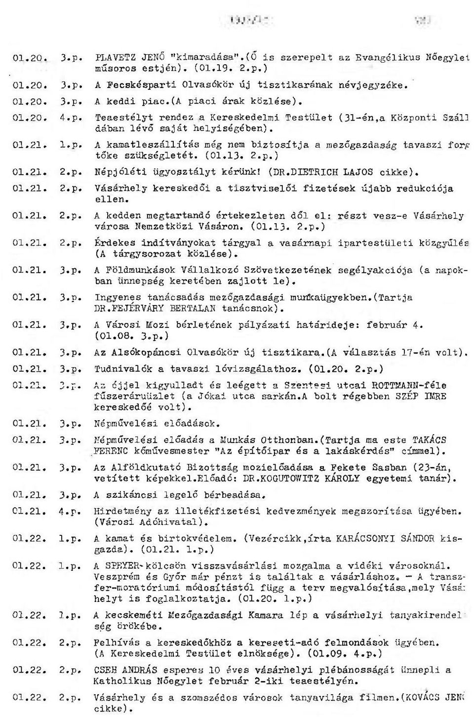 (01,13. 2.p.) 01.21. 2.p. Népjóléti ügyosztályt kérünk! (DR.DIETRICH LAJOS cikke), 01.21. 2,p. Vásárhely kereskedői a tisztviselői fizetések újabb redukciója ellen. 01.21. 2.p. A kedden megtartandó értekezleten dől el: részt vesz-e Vásárhely városa Nemzetközi Vásáron.