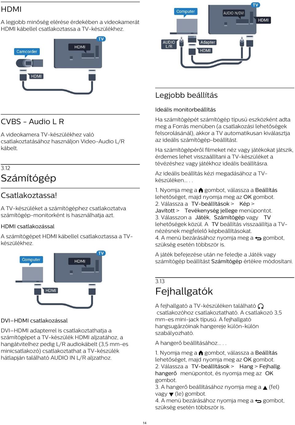 ideális számítógép-beállítást. CVBS - Audio L R A videokamera TV-készülékhez való csatlakoztatásához használjon Video-Audio L/R kábelt.