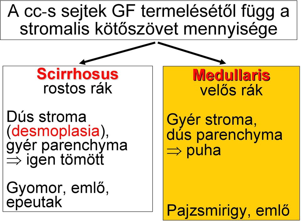 gyér parenchyma igen tömött Gyomor, emlő, epeutak