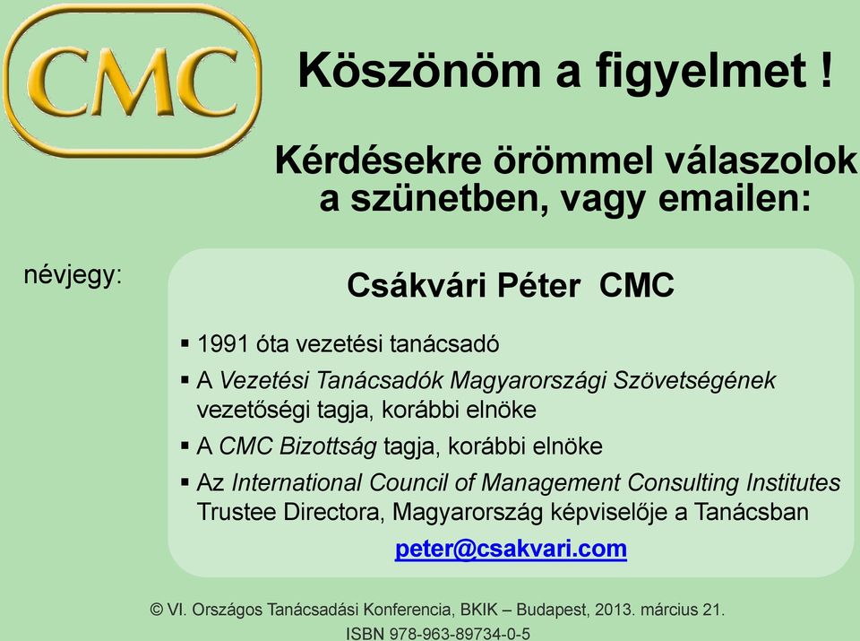 Vezetési Tanácsadók Magyarországi Szövetségének vezetőségi tagja, korábbi elnöke A CMC Bizottság tagja, korábbi elnöke Az