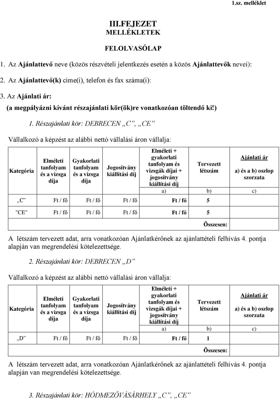 Részajánlati kör: DEBRECEN C, CE Vállalkozó a képzést az alábbi nettó vállalási áron vállalja: Kategória Elméleti Gyakorlati Jogosítvány és vizsgák i + jogosítvány Tervezett Ajánlati ár a) és a b)