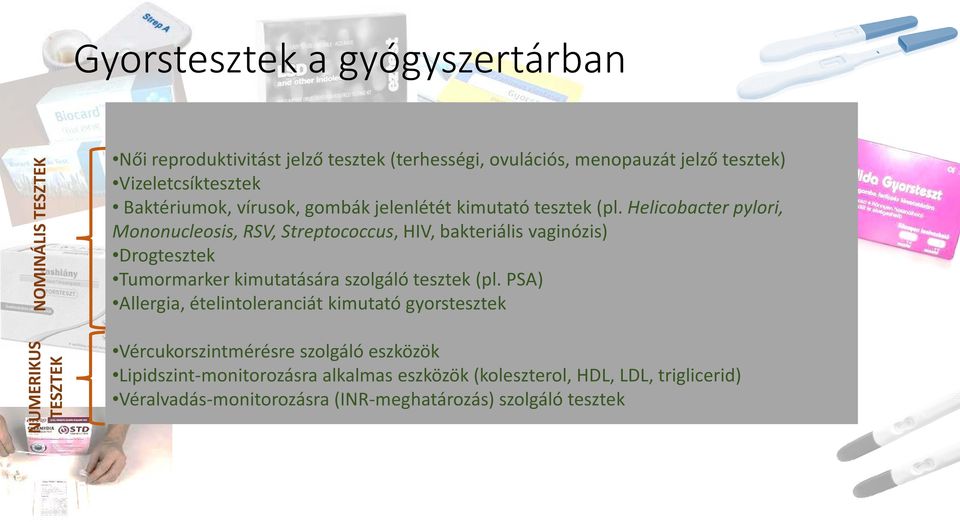 Helicobacter pylori, Mononucleosis, RSV, Streptococcus, HIV, bakteriális vaginózis) Drogtesztek Tumormarker kimutatására szolgáló tesztek (pl.