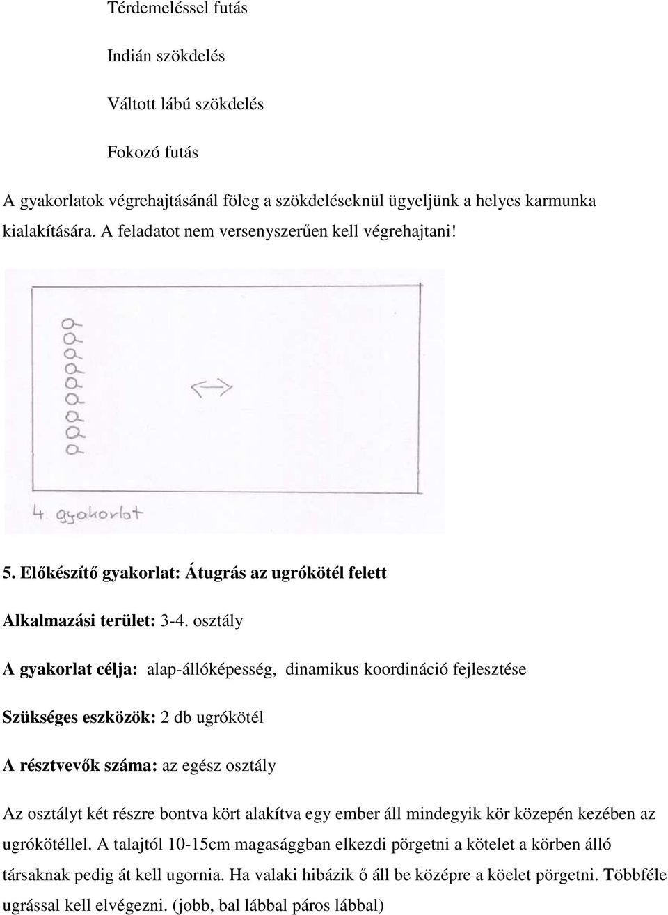 osztály A gyakorlat célja: alap-állóképesség, dinamikus koordináció fejlesztése Szükséges eszközök: 2 db ugrókötél Az osztályt két részre bontva kört alakítva egy ember áll mindegyik