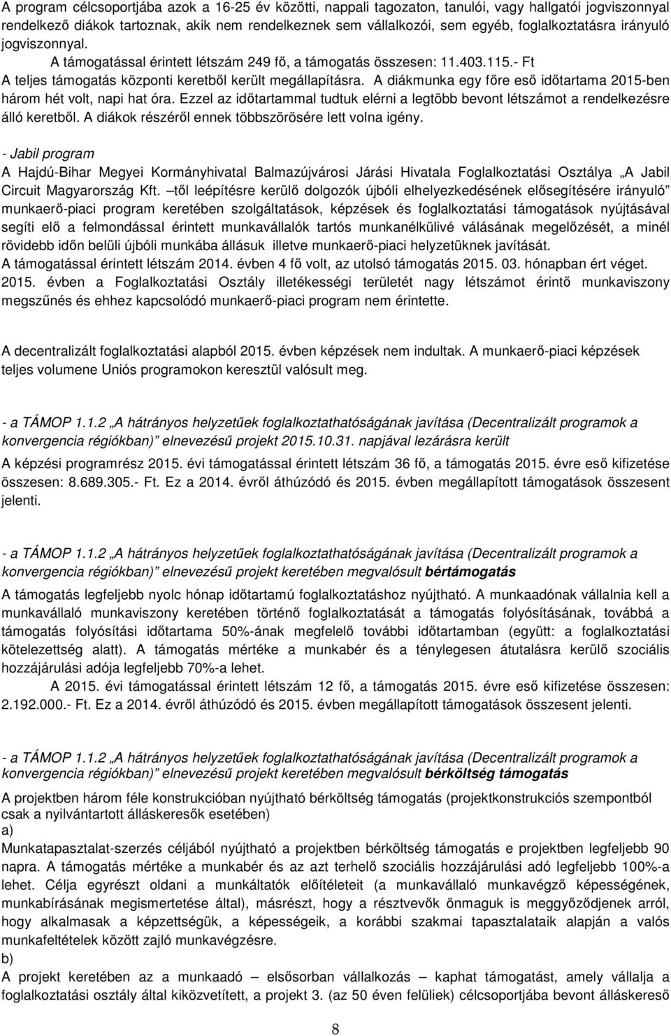 A diákmunka egy főre eső időtartama 2015-ben három hét volt, napi hat óra. Ezzel az időtartammal tudtuk elérni a legtöbb bevont létszámot a rendelkezésre álló keretből.