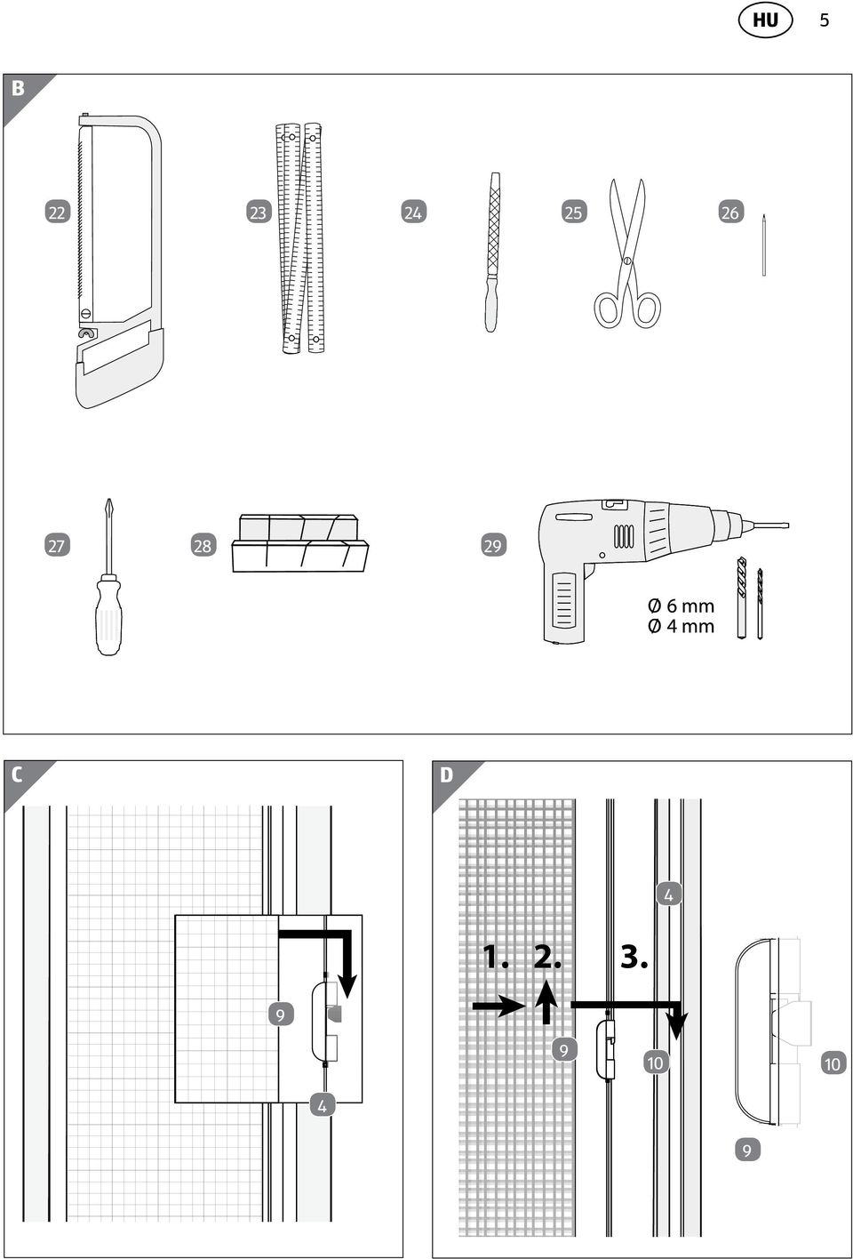 D 9,5 cm. 2. 3.