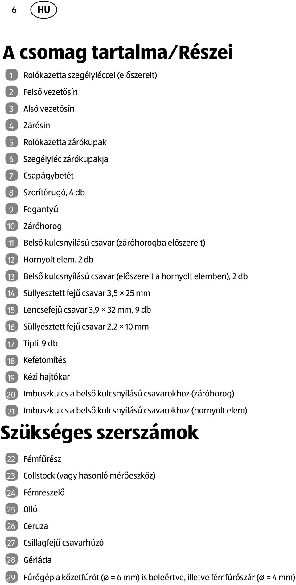 Lencsefejű csavar 3,9 32 mm, 9 db 6 Süllyesztett fejű csavar 2,2 0 mm 7 Tipli, 9 db 8 Kefetömítés 9 Kézi hajtókar 20 Imbuszkulcs a belső kulcsnyílású csavarokhoz (záróhorog) 2 Imbuszkulcs a belső