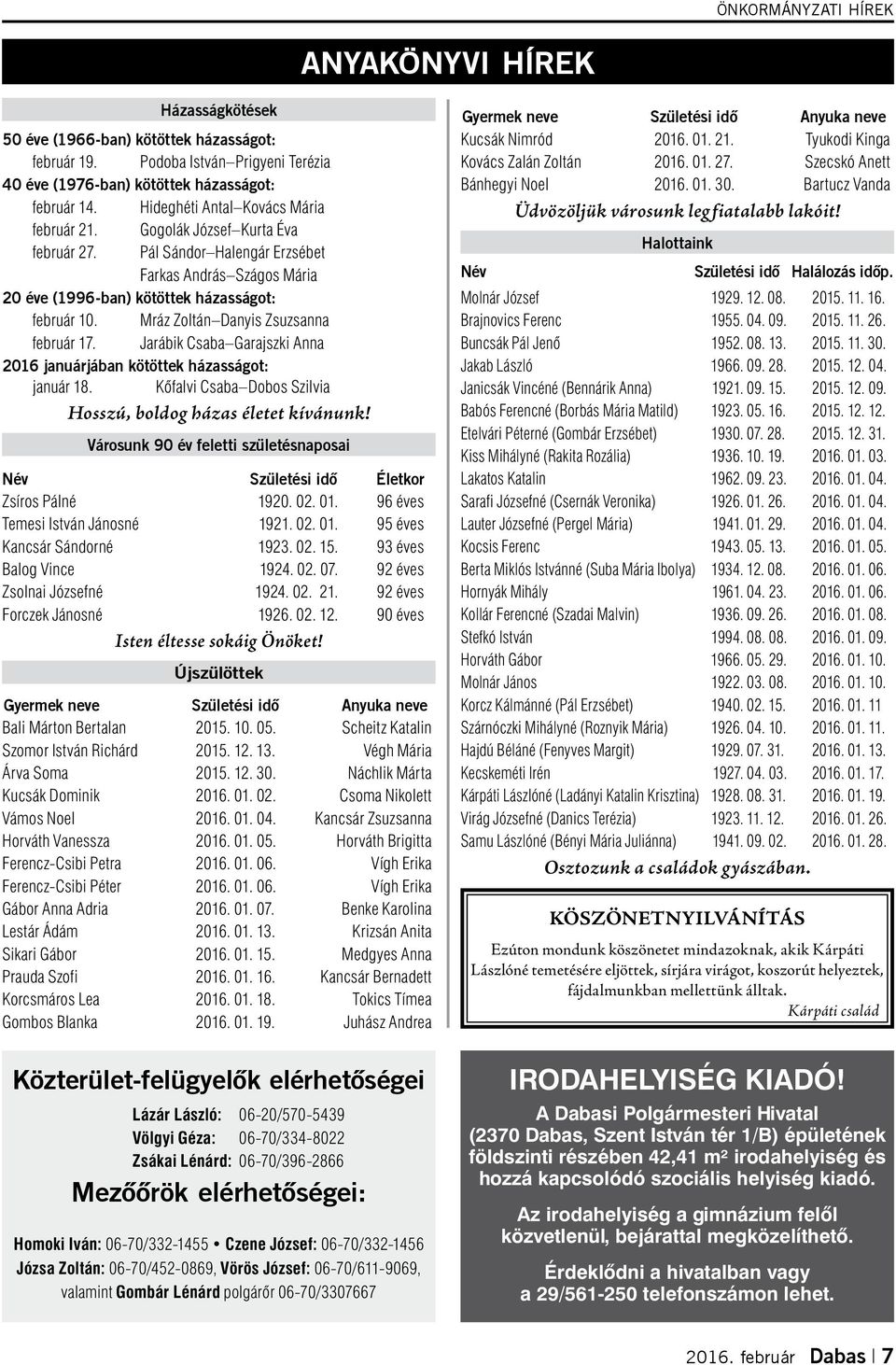 Mráz Zoltán Danyis Zsuzsanna február 17. Jarábik Csaba Garajszki Anna 2016 januárjában kötöttek házasságot: január 18. Kőfalvi Csaba Dobos Szilvia Hosszú, bol dog há zas éle tet kí vá nunk!
